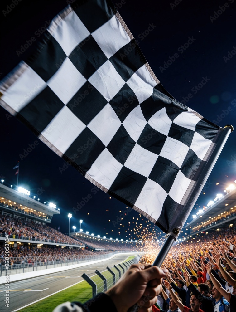Obraz premium Hand waves checkered flag at night motorsport race. Crowd celebrates victory in stadium with golden confetti. Champion wins championship event on track under bright lights. Exciting sports