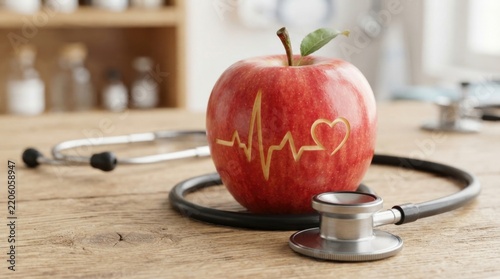 Red apple with carved heartbeat symbol
