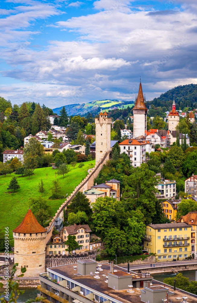 Obraz premium Lucerne, Switzerland at the medieval Musegg Wall and towers 437