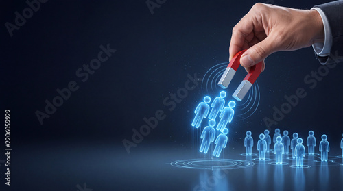 Conceptual image of a businessman holding a horseshoe magnet attracting blue glowing digital human icons representing customer acquisition, talent recruitment, and marketing lead generation.