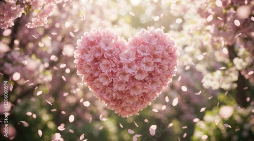 Heart shape made of pink cherry blossoms floating in garden