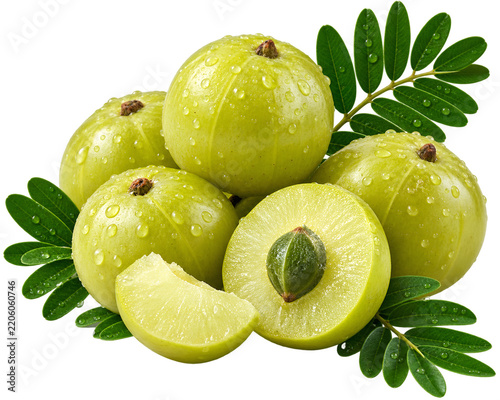 Fresh whole and sliced amla fruits with green leaves and water droplets isolated on a transparent background indian gooseberry green fruit raw food