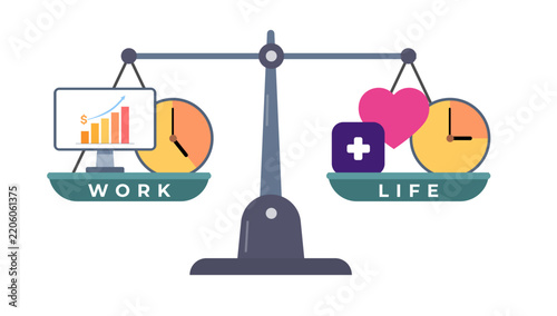 Work Life Balance Scale Concept Illustration Balancing Career Analytics Clock and Heart Health Icons