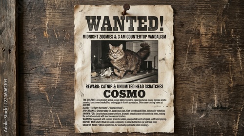 Wanted poster for mischievous tabby cat causing household