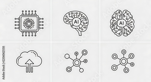 Set of black line icons representing artificial intelligence technology and digital network systems