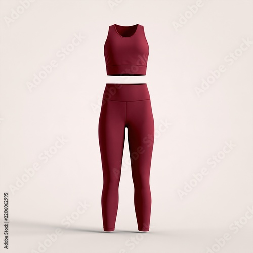 Red sportswear outfit with sports bra and leggings on neutral background