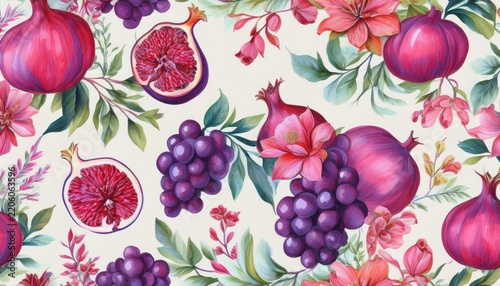 watercolor painting seamless pattern with pomegranate grapes figs and flowers