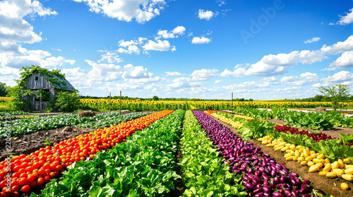 Colorful farm field with diverse crops and barn under clear sky