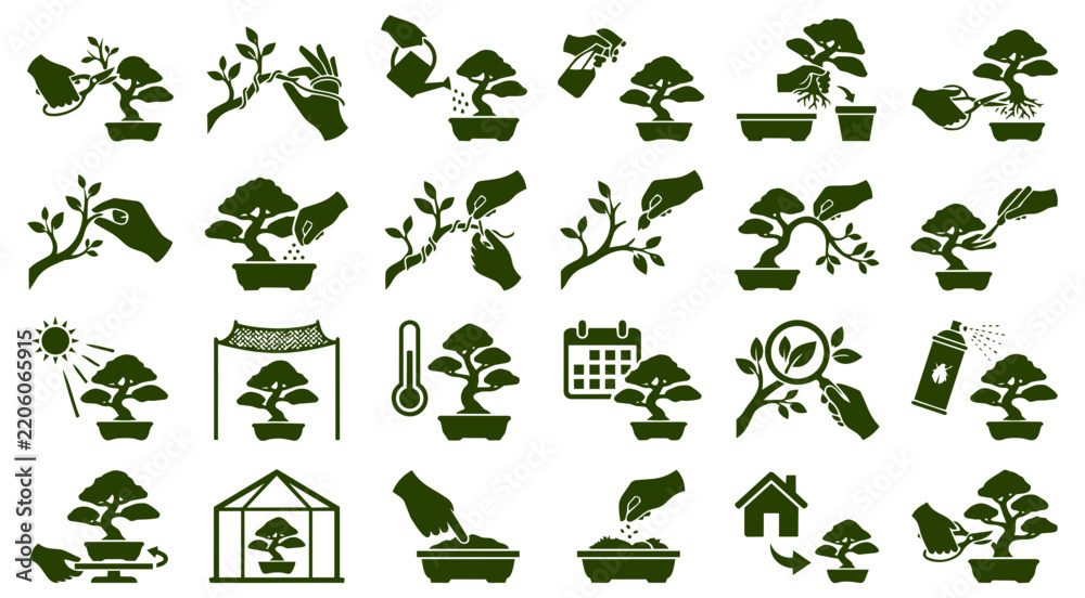 Obraz premium Detailed bonsai tree care vector icons set showing gardening steps and maintenance process procedures