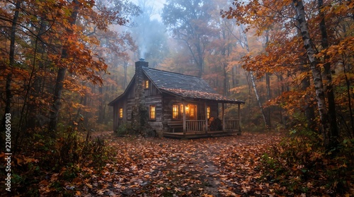 Autumn forest scene with wooden cabin in fall foliage with natural light