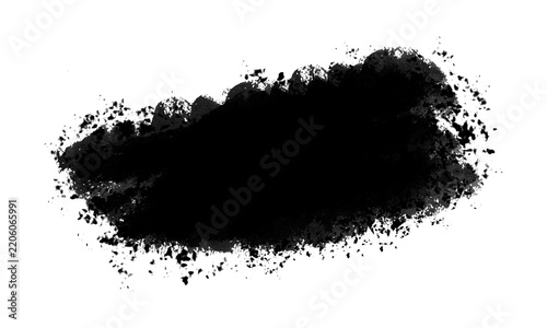 A rough, grunge-style black ink brush stroke with textured edges and splatters, isolated on a transparent background