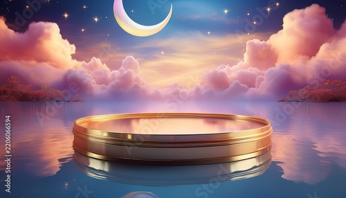 dreamy surreal landscape with a golden circular platform floating on calm water surrounded by pastel clouds and a crescent moon in a colorful twilight sky