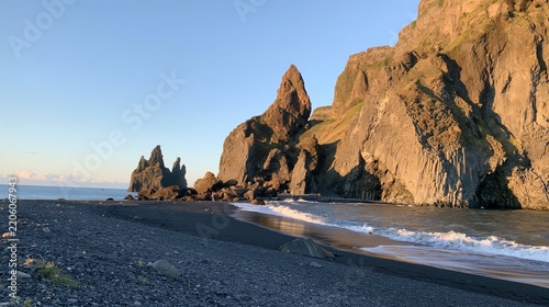 Black sand beach with dramatic rock formations and cliffs
