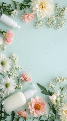 Mixed White and Pink Flowers Wreath on Light Blue Background
