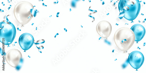 Blue and white balloons with confetti festive celebration background for party or event isolated on white