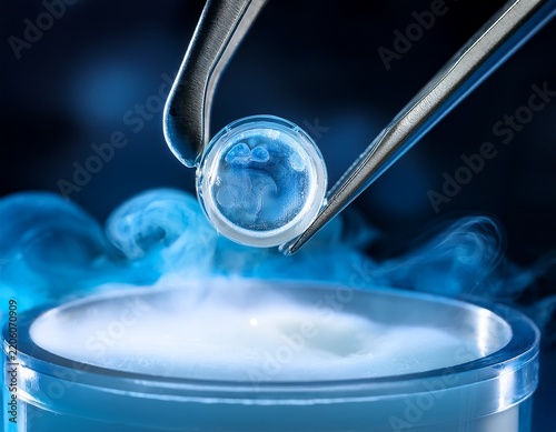 tweezers lifting a cold vial containing a frozen embryo from cryogenic storage vapor in a sterile laboratory