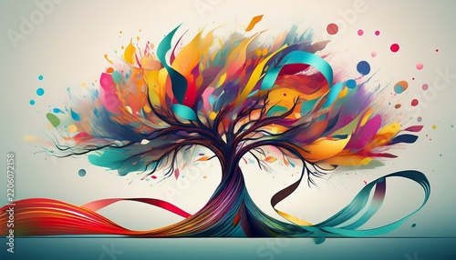abstract tree with colorful splashes and ribbon