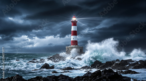 Dramatic lighthouse on rocky coast in powerful ocean storm with