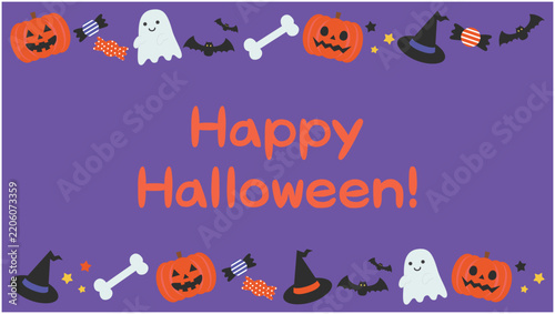 かわいいハロウィンの紫フレーム背景ベクターイラスト素材【文字あり】【横長】