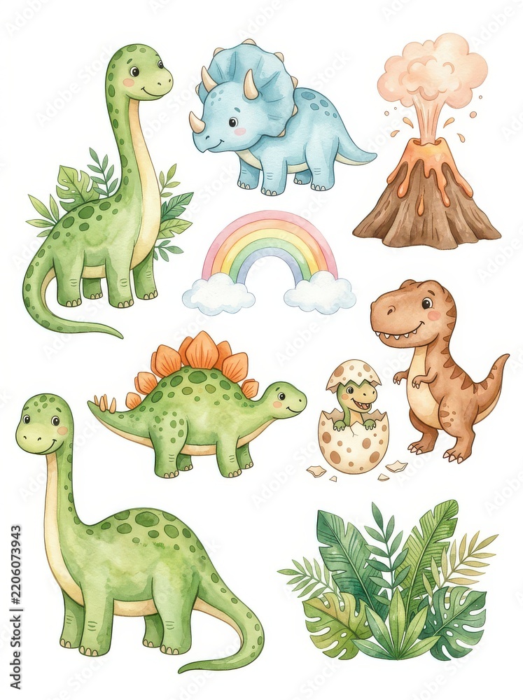 Fototapeta premium Cute Watercolor Dinosaur Collection with T-Rex, Triceratops, Stegosaurus, Volcano, and Rainbow for Kids Nursery Decor