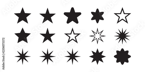 Black star and sparkle icon set for festive decorations, awards, or celebration graphic resources.