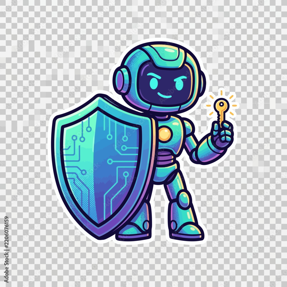 Obraz premium Cute cartoon robot holding a glowing security key and digital shield for tech safety concept