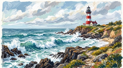 Vibrant Coastal Lighthouse Scene with Crashing Waves