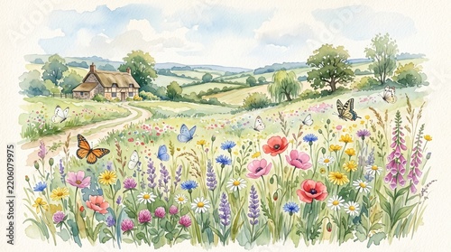 Idyllic watercolor English wildflower meadow scene