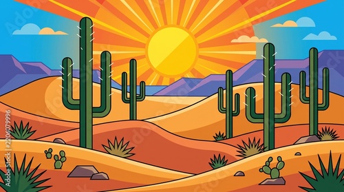 Stylized Desert Scene with Radiant Sun