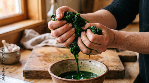 Hands squeezing water from cooked fresh spinach leaves over a rustic bowl