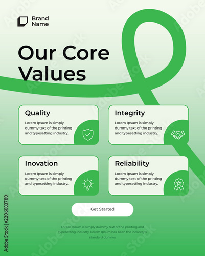 Corporate core values infographic template with green gradient