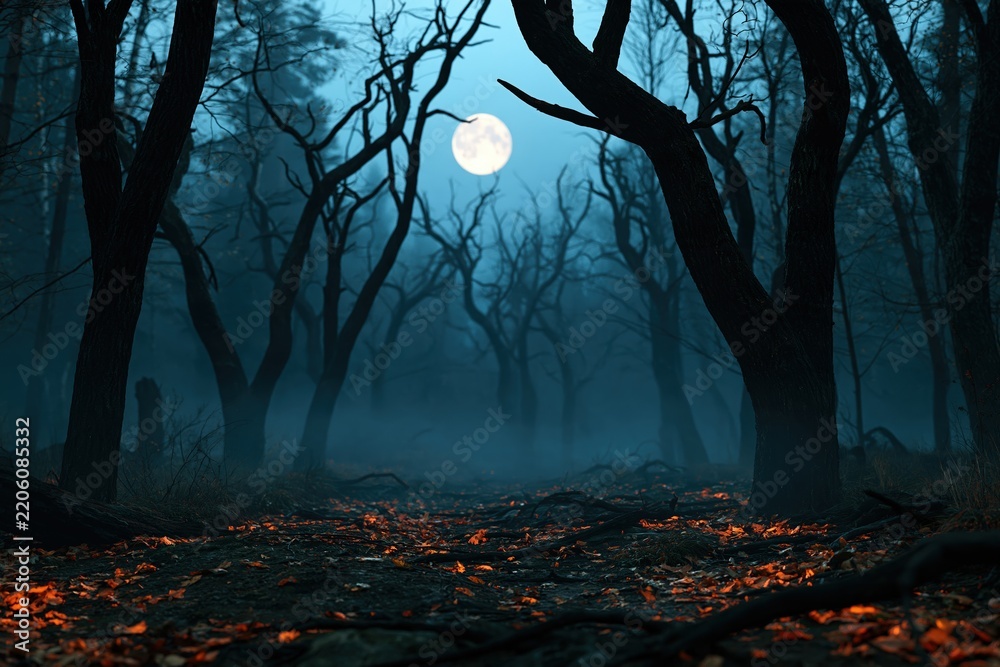 Obraz premium Spooky woodland with twisted leafless trees and orange leaves under full moon mist