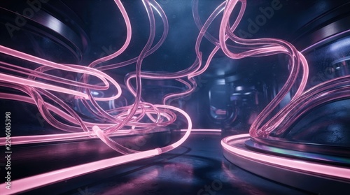 Abstract glowing pink lines in a dark futuristic environment