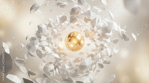 gold sphere surrounded by white geometric shapes