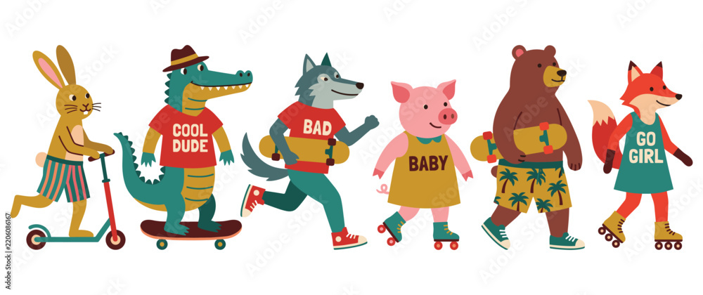 Obraz premium Cute cartoon animal group with scooters and skateboards showcasing fun street sports style.
