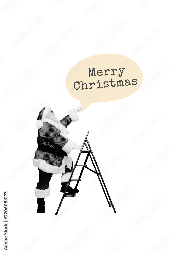 Obraz premium Creative artwork template sketch image 3D collage of christmas theme holiday winter season old man santa claus banner ladder greeting card