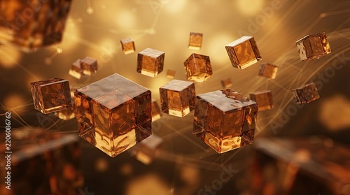 floating amber cubes in a dreamy golden background
