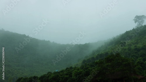 Rainy Misty Mountains with Green Hills and Cloudy Sky