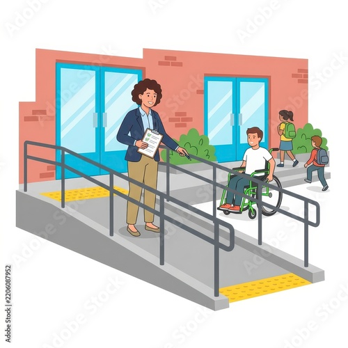 Accessible school entrance with wheelchair ramp