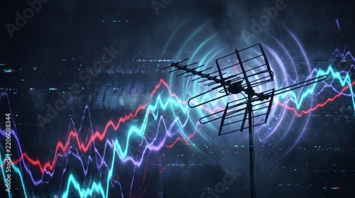 Television antenna receiving digital signals with abstract glowing frequency waves against a dark background.
