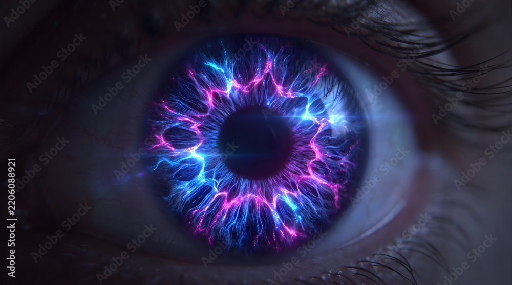 Fototapeta premium Macro close-up photograph of a detailed human eye featuring an iris filled with glowing blue and purple electrical energy patterns, representing advanced biometric technology, futuristic science, a...