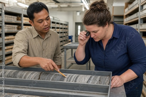 Geological core sample logging - geologists reviewing metamorphic foliation