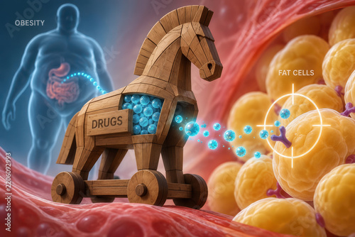 Trojan horse obesity drugs targeted delivery concept showing wooden Trojan horse labeled drugs releasing nanoparticles to fat cells for obesity treatment targeted therapy