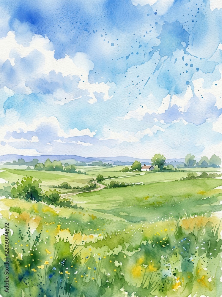 Fototapeta premium Beautiful Watercolor Painting of a Serene Rural Landscape with Rolling Green Hills and a Small Country Cottage