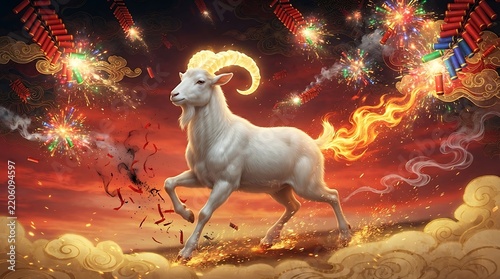 Aries Zodiac Symbol Ram with Fiery Mane and Fireworks.