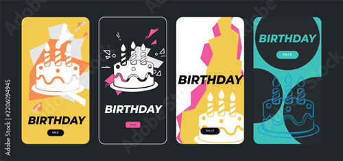 Vertical web ad with birthday cake on colorful geometric backgrounds. Birthday text.