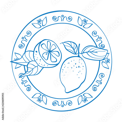 Vector illustration of a plate of lemons in a Mediterranean style. Amalfi Coast. Hand drawn doodle style.