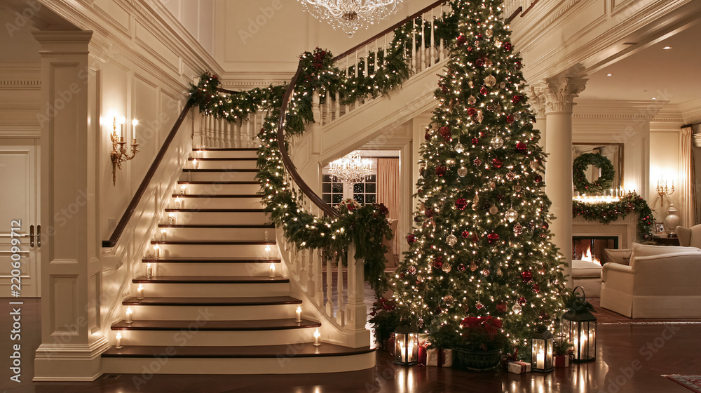Obraz premium Grand foyer beautifully decorated for Christmas, featuring a tall, illuminated tree and a curving staircase with festive garland