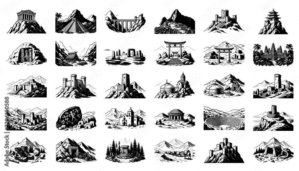Fototapeta premium A set of solid silhouette and line art icons on a white background, featuring historical landmarks, ancient sites, civilizations, castles, temples, shrines, ancient architecture, and archaeological