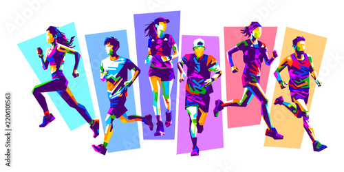 Collection of vibrant vector illustrations of runners and joggers performing various action poses in WPAP pop art style featuring colorful geometric designs.